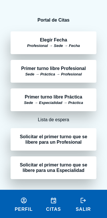 La pantalla muestra 5 Opciones para el usuario